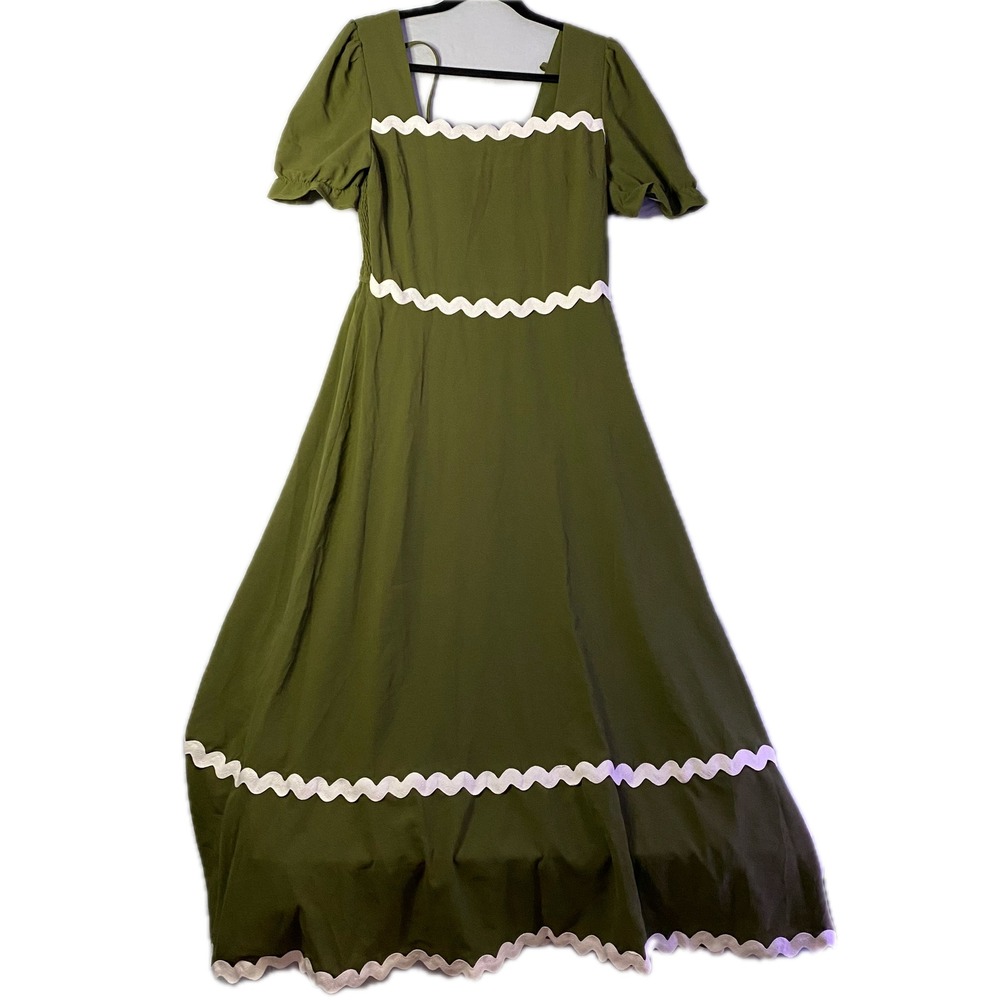 BTFBM Maxi Dress Women Large Olive Green white Ric Rac Trim Puff‎ Sleeve Boho